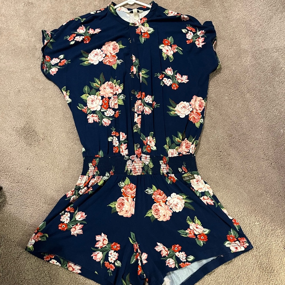 Matilda Jane floral romper in navy blue and pick.